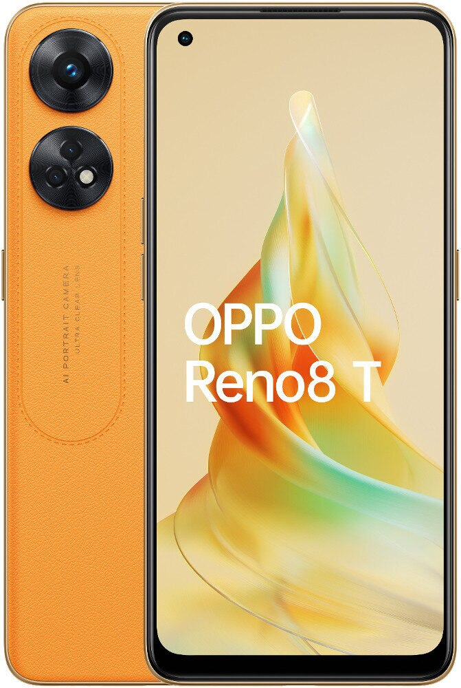 Pomarańczowy telefon OPPO Reno8 T z potrójnym aparatem. Wyświetlacz pokazuje abstrakcyjny, kolorowy design.