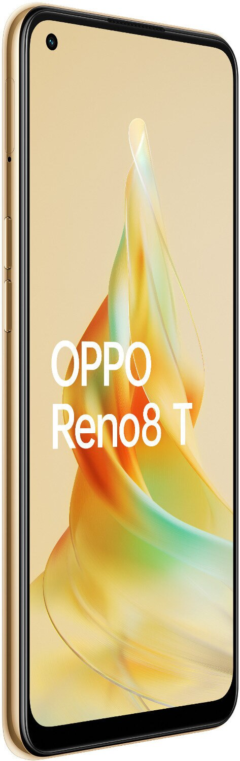 Złoty smartfon z tekstem 'OPPO Reno8 T' na ekranie. Telefon znajduje się na jasnym złotym tle.