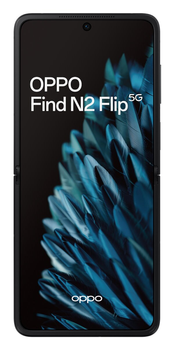 Czarny telefon OPPO Find N2 Flip 5G, zamknięty, z ekranem pokazującym niebieski wzór piór, widok z przodu.
