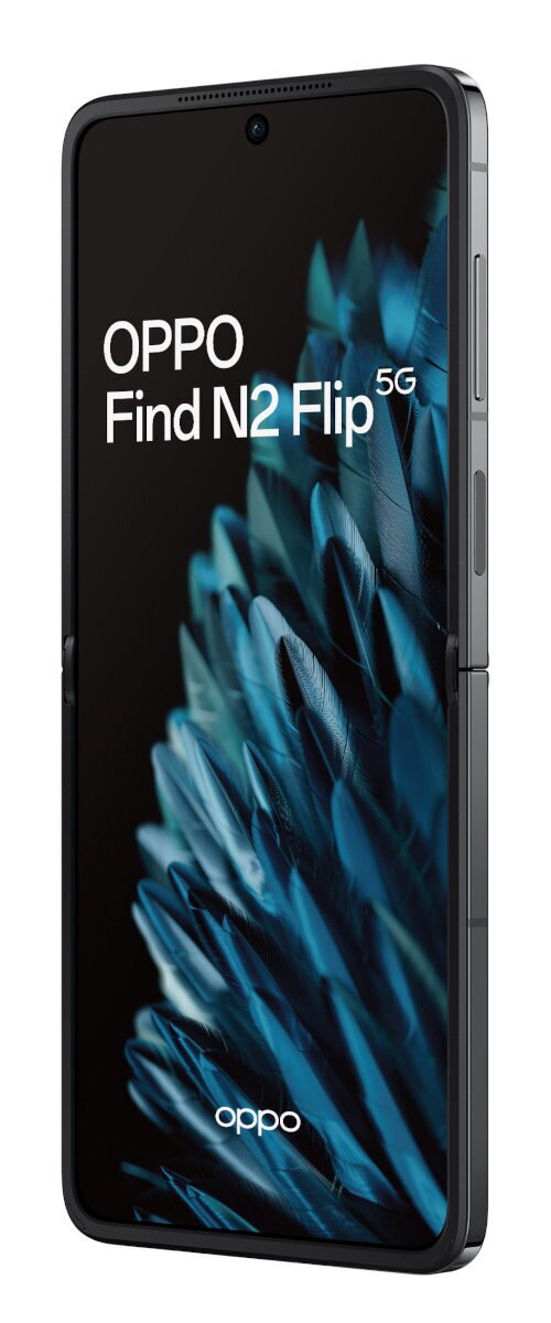 Złożony telefon OPPO Find N2 Flip 5G z ciemnoszarą ramką i czarnym ekranem.