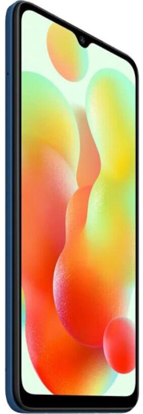Niebieski smartfon z kolorowym abstrakcyjnym tłem na ekranie.