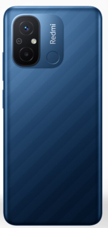 Niebieski tył telefonu z aparatem i logo Redmi. Tekstura linii ukośnych.