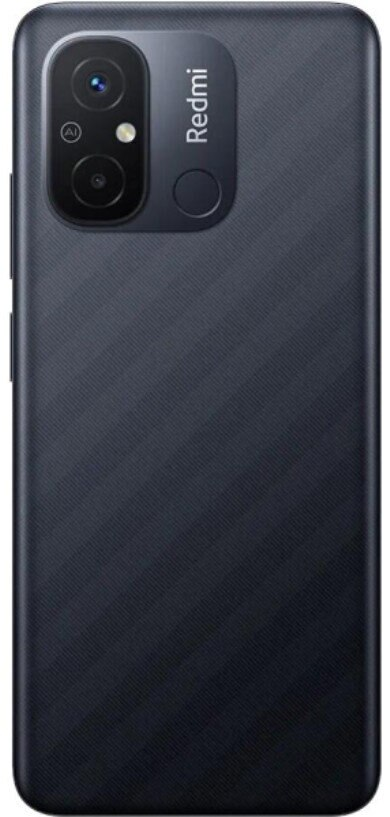 Czarny tył telefonu Redmi, podwójny aparat, teksturowana powierzchnia. Białe tło.