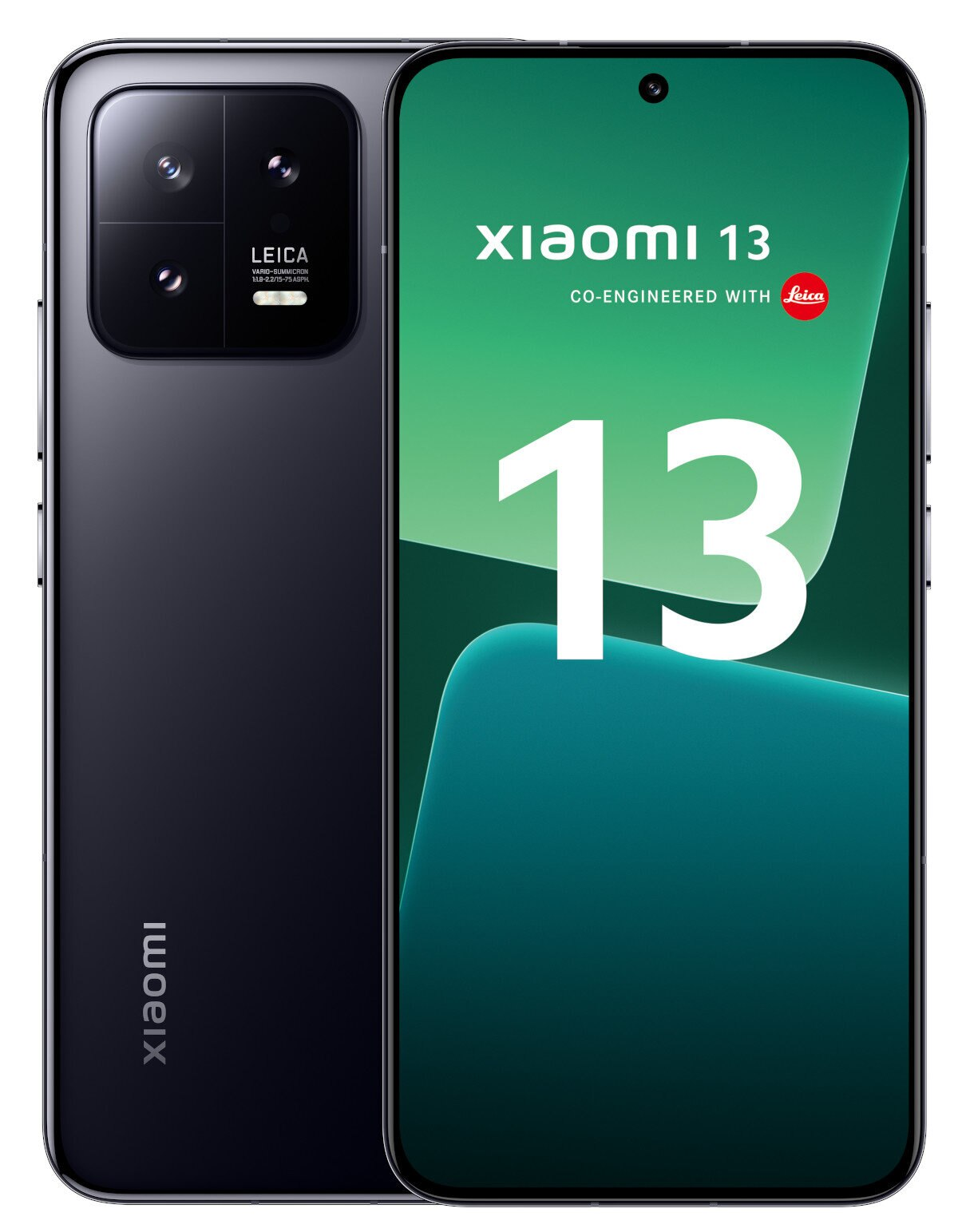 Telefon Xiaomi 13, czarny tył, przód z włączonym ekranem, aparat Leica, zielono-biała grafika.