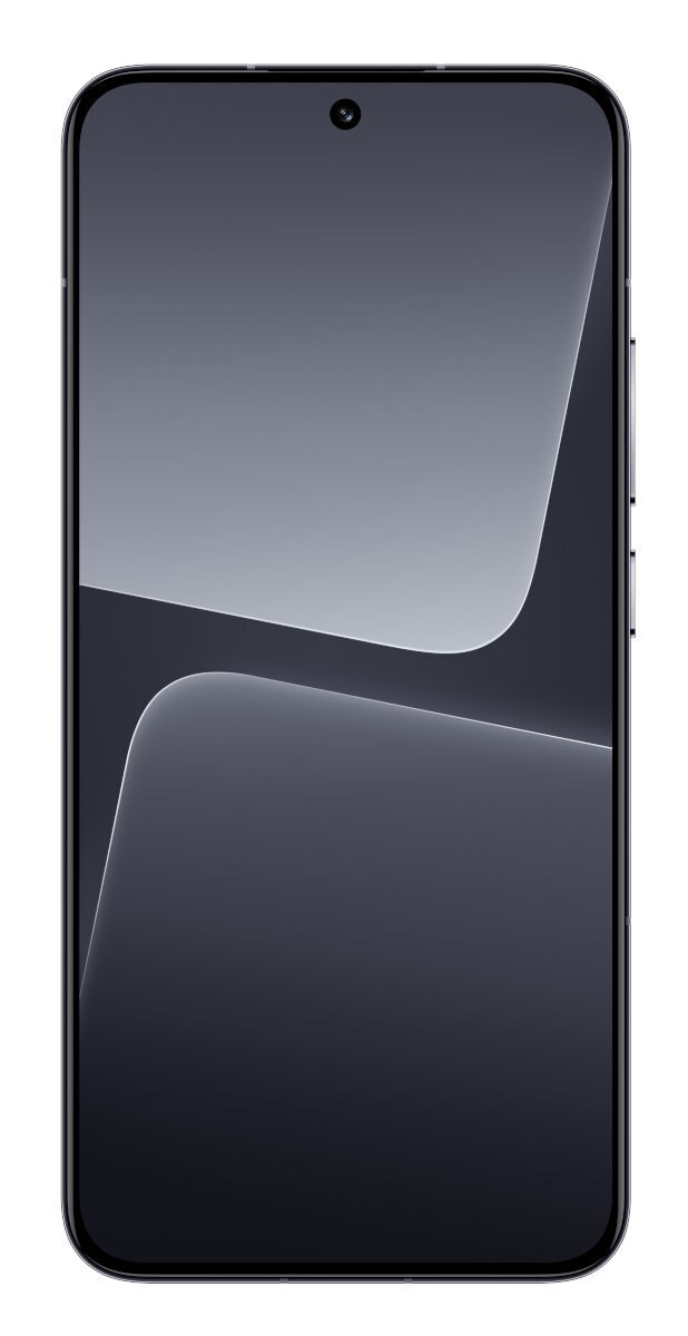 Widok z przodu ciemnoszarego smartfona z zakrzywionym ekranem i przednim aparatem. Białe tło.