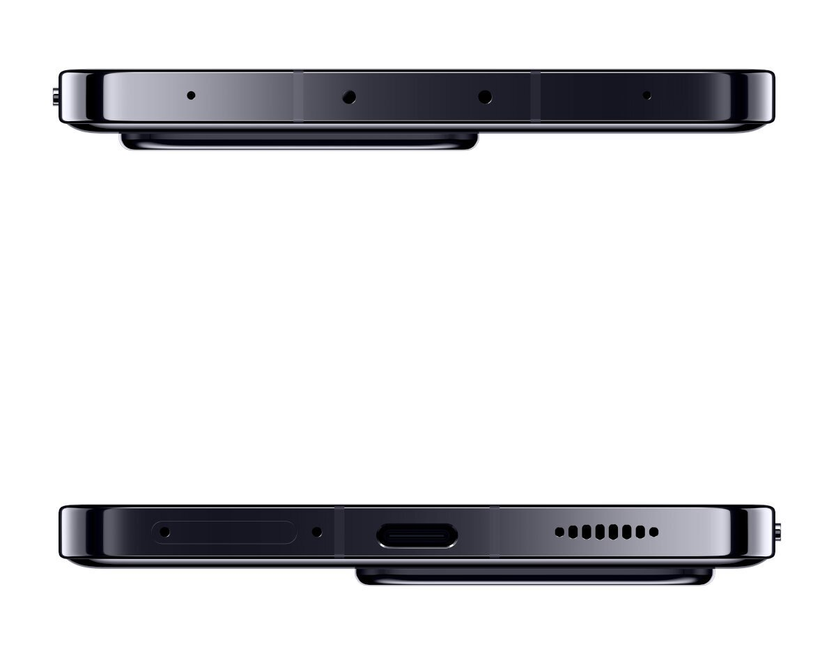 Dwa widoki krawędzi czarnego smartfona. Górna krawędź ma mikrofony, a dolna port i głośniki.