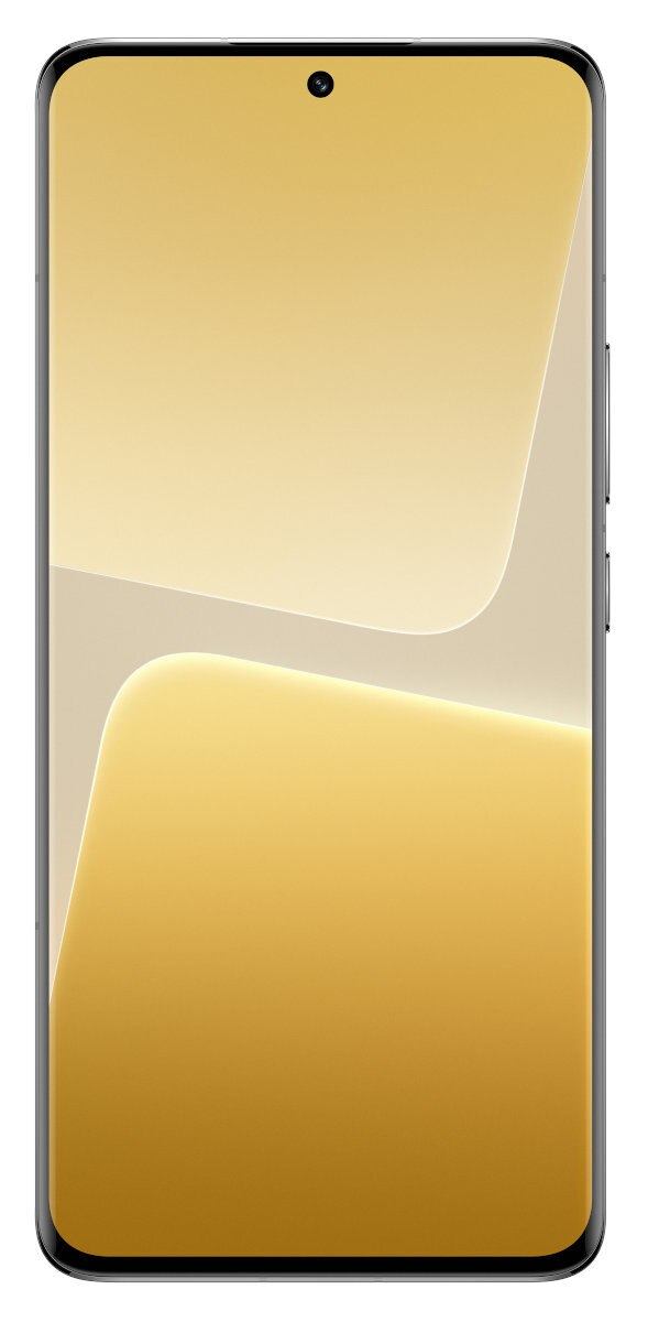 Złoty smartfon z zakrzywionym ekranem, pokazujący złoty abstrakcyjny obraz. Telefon ma aparat.