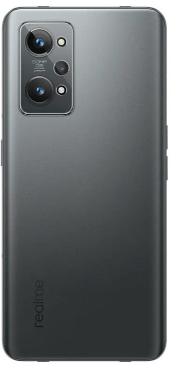 Tył szarego smartfona Realme z trzema aparatami, na białym tle.
