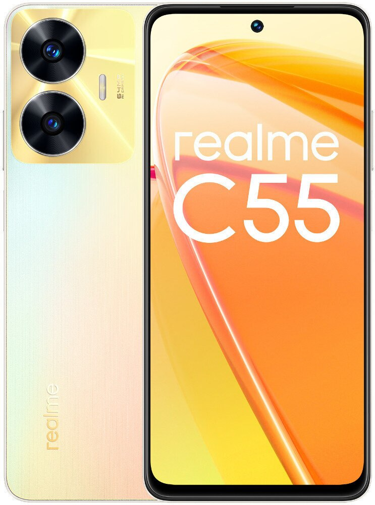 Żółto-biały telefon Realme C55. Podwójny aparat z tyłu. Ekran przedni pokazuje gradient.