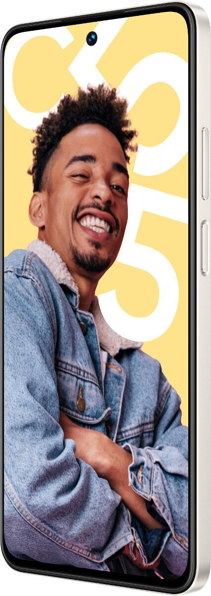 Smartfon z mężczyzną mrugającym, w dżinsowej kurtce i żółtym tle.