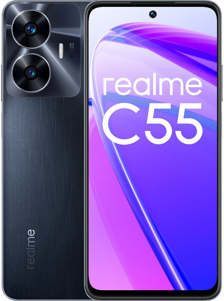 Czarny telefon realme C55. Dwie kamery z tyłu, ekran z tekstem z przodu.