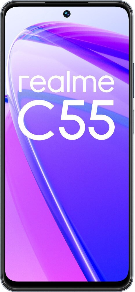 Przód telefonu Realme C55 na białym tle, z ekranem wyświetlającym tekst i kolory.