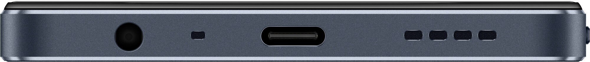 Dół ciemnego telefonu pokazuje gniazdo słuchawkowe, port USB i głośniki. Telefon jest szary.