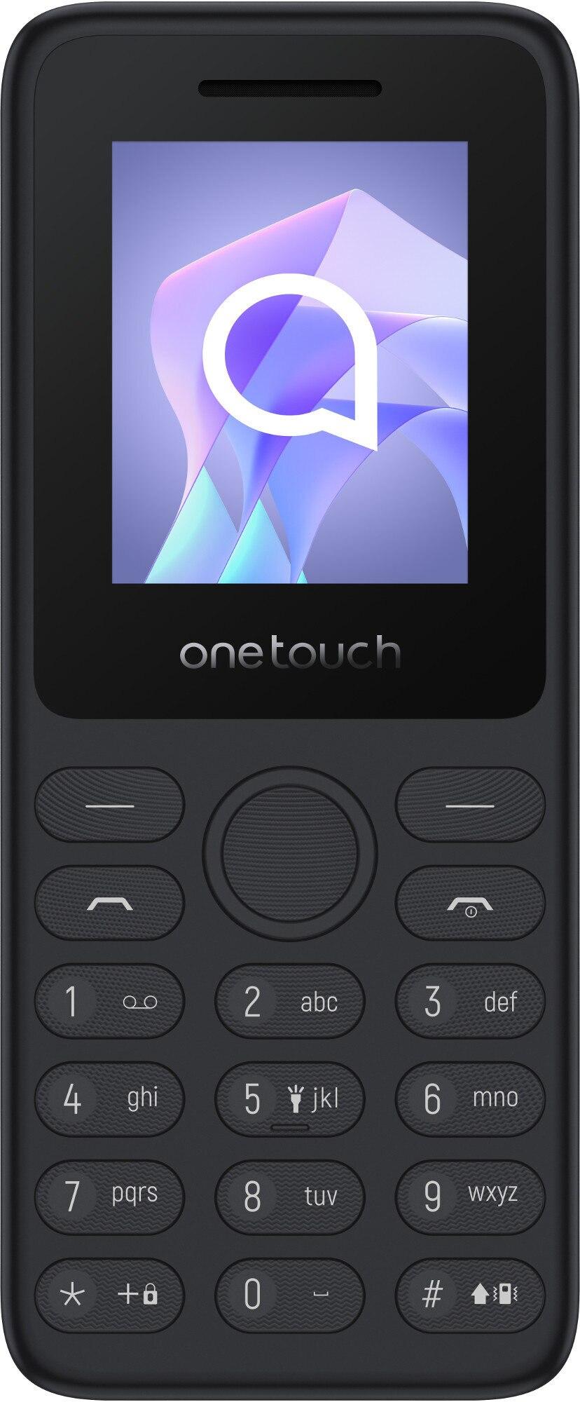 Czarny telefon Alcatel OneTouch z ekranem z logo. Posiada klawiaturę.