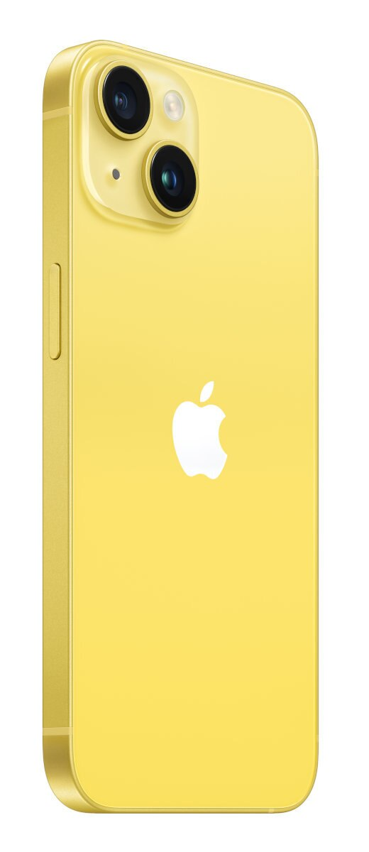 Żółty iPhone 14 Pro, widok z tyłu. Ma wypukłość kamery z dwoma obiektywami i lampą błyskową. Widoczne jest logo Apple.