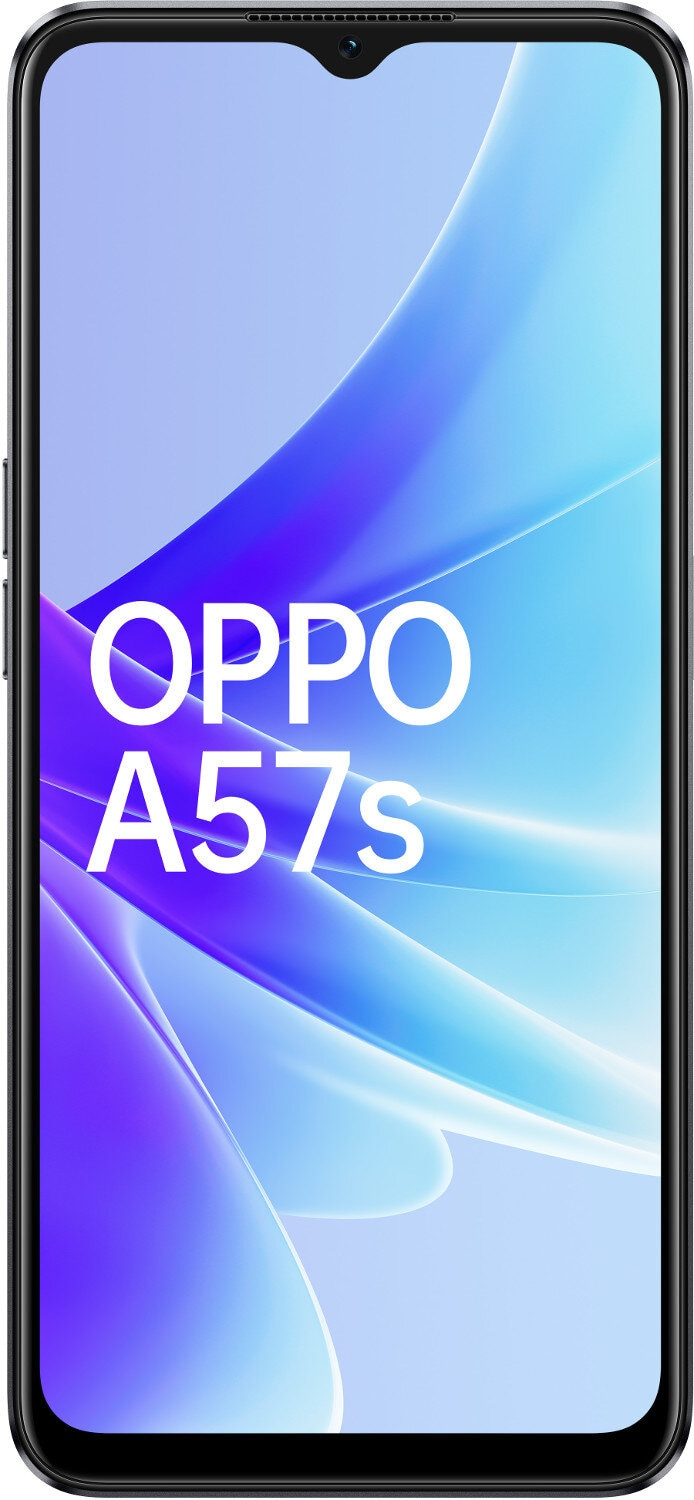 Widok z przodu smartfona, biały tekst OPPO A57s na ekranie, niebieskie i fioletowe tło.
