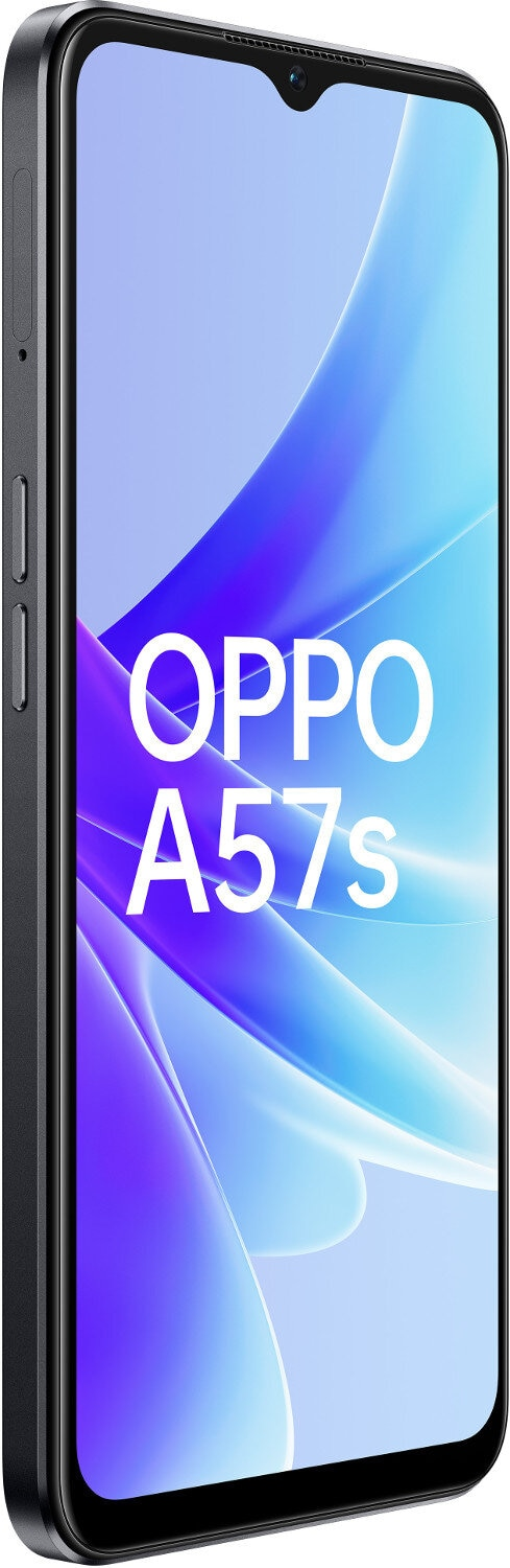 Smartfon OPPO A57s. Wyświetlacz z niebiesko-białym wzorem. Czarna ramka.