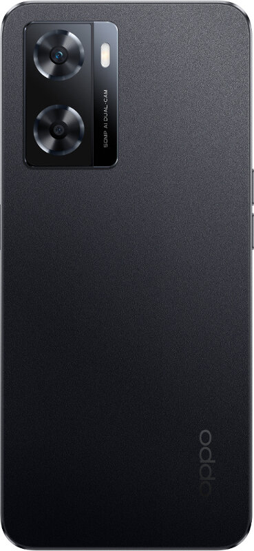Czarny tył telefonu z obiektywami aparatu i logo Oppo. Teksturowane tło.