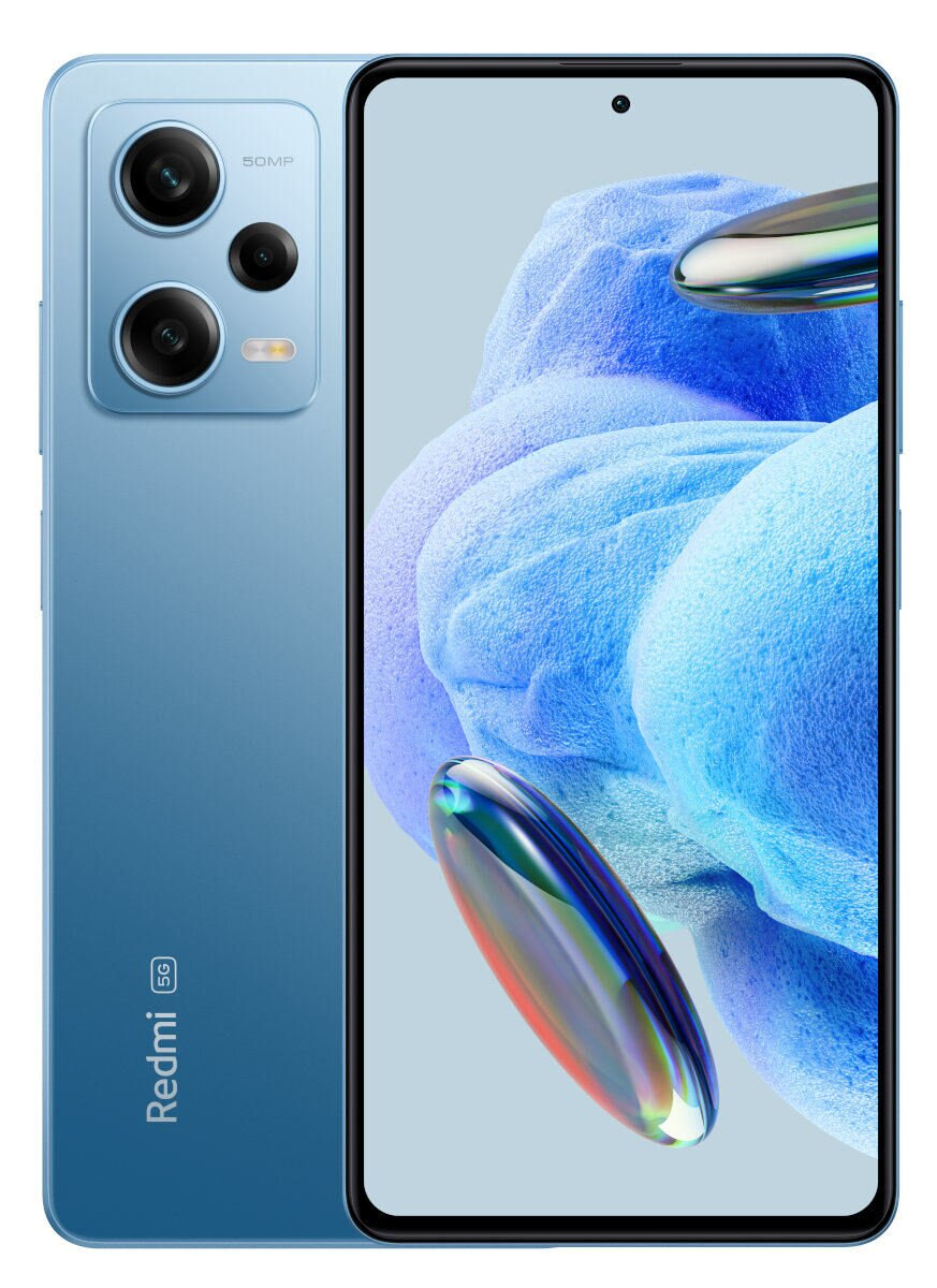 Niebieski telefon Redmi, podwójne aparaty, rozmyty obraz na ekranie.