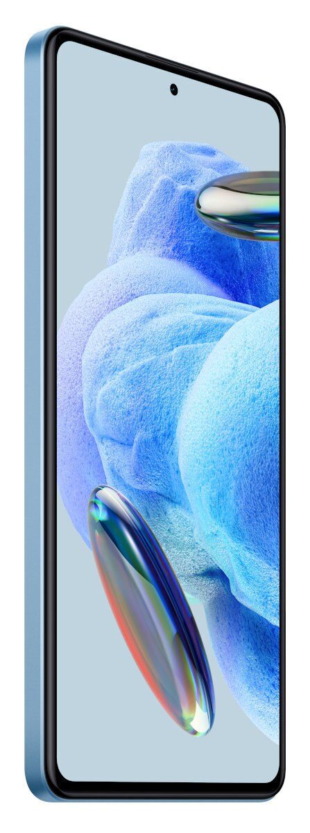 Jasnoniebieski smartfon, widok z boku, wyświetlający niebieski obraz.