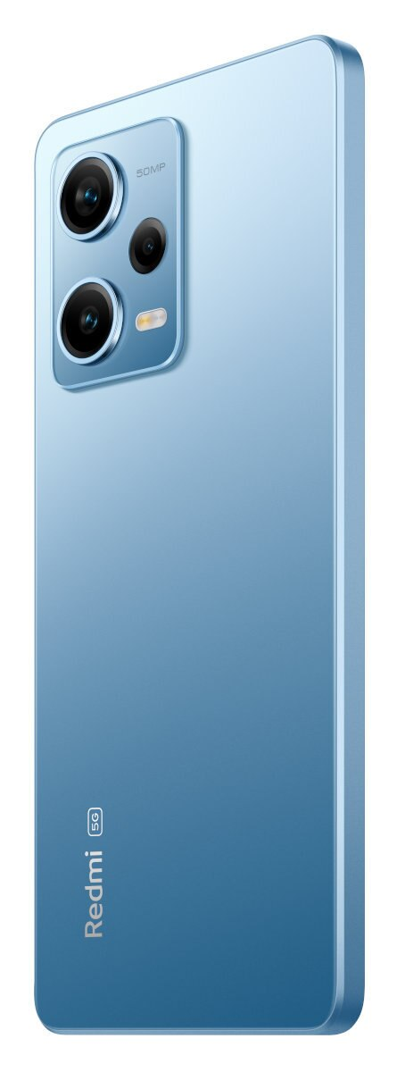 Niebieski telefon z potrójnym aparatem i logo Redmi 5G.
