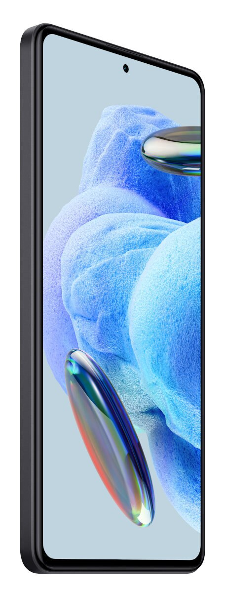Smartfon w czarnym etui, wyświetlający kolorowy, abstrakcyjny obraz z niebieskimi i srebrnymi elementami.