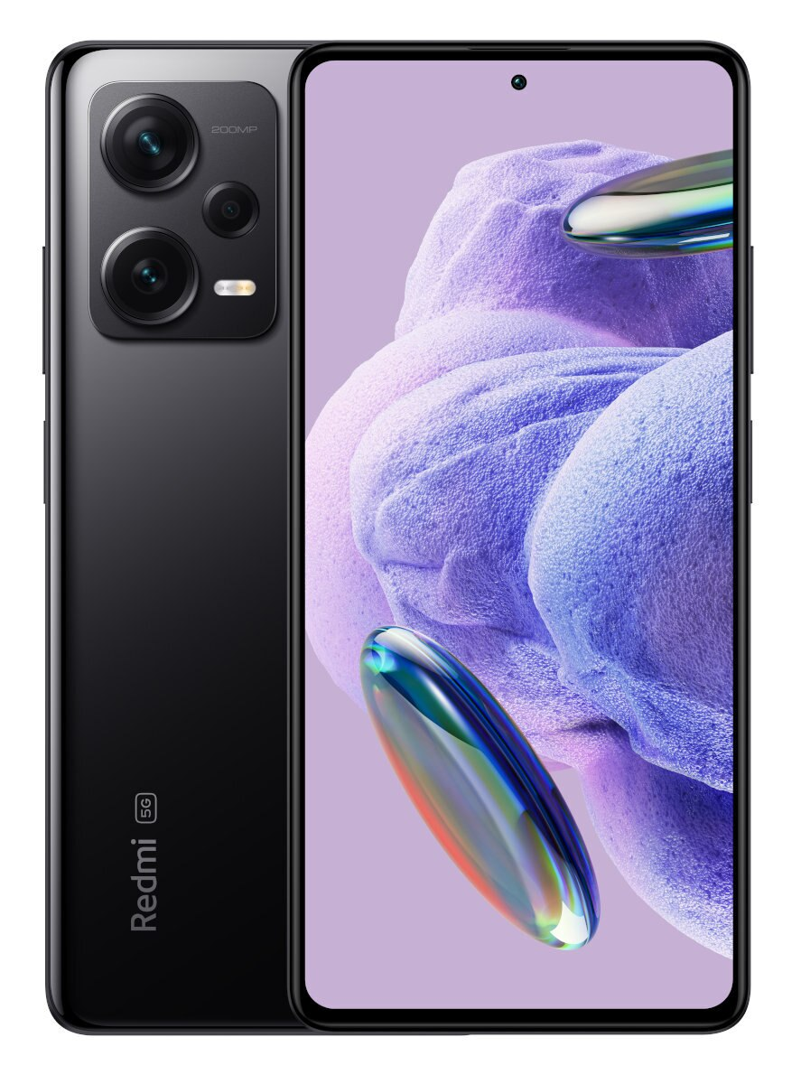 Czarny telefon Redmi. Tylne kamery i logo. Ekran przedni z grafiką i tekstem.