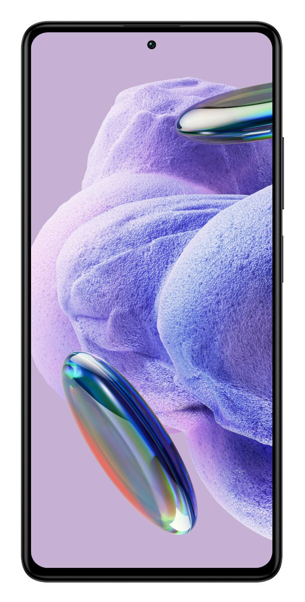 Ekran smartfona z abstrakcyjnym fioletowo-niebieskim wzorem z chromowanymi owalami.