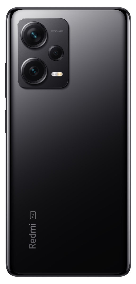 Tył czarnego telefonu Redmi 5G. Ma trzy aparaty i lampę błyskową. Widoczne logo 'Redmi'.