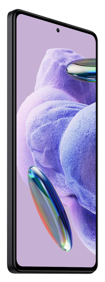 Smartfon z ekranem wyświetlającym żywy, abstrakcyjny wzór. Telefon jest czarny. Białe tło.