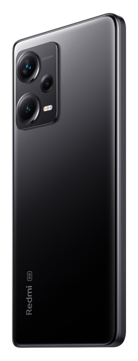 Czarny smartfon z wieloma aparatami. Tył telefonu z modułem aparatu i nazwą marki.