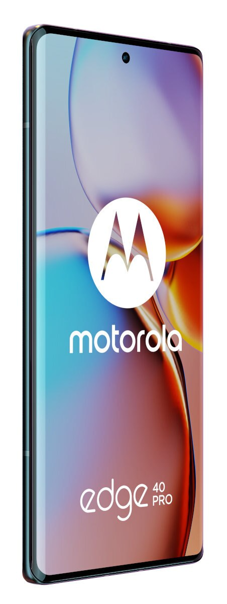 Telefon Motorola Edge 40 Pro, widok z boku, pokazujący ekran z logo Motorola.