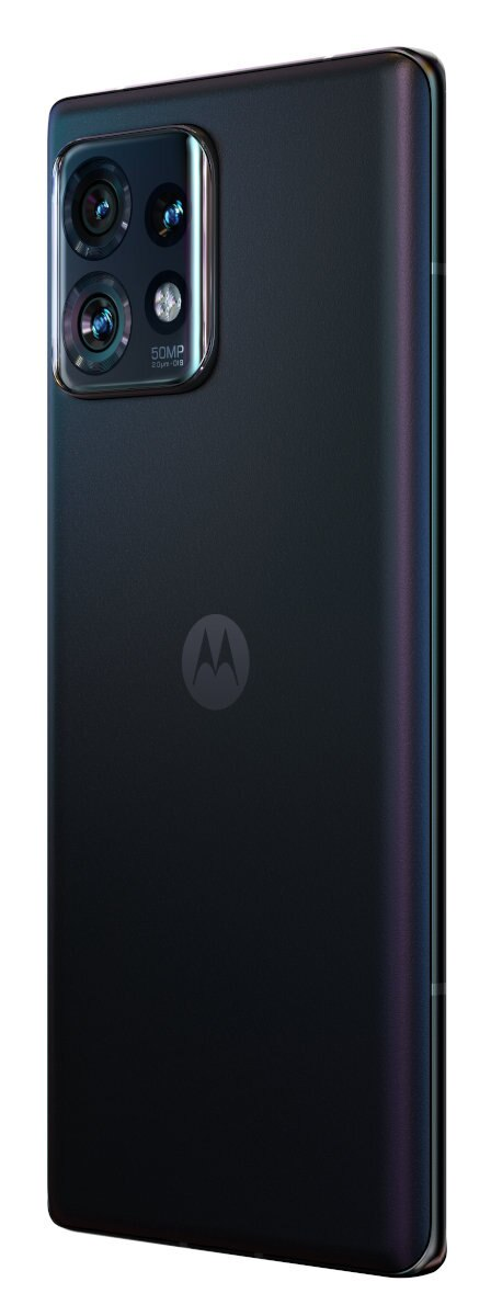 Czarny telefon Motorola, widok z tyłu. Wiele kamer, logo Motorola. Białe tło.