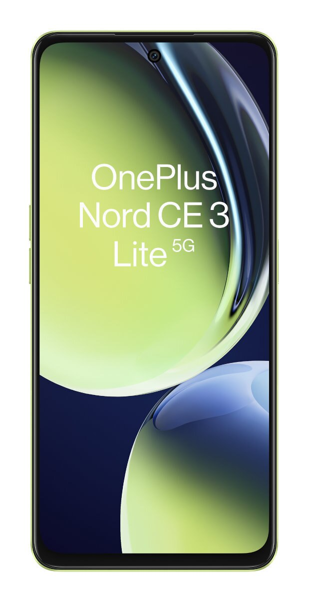 Smartfon wyświetlający "OnePlus Nord CE 3 Lite 5G" w białym tekście na zielono-niebieskim tle.