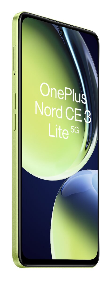 Zielony telefon OnePlus. Ekran wyświetla kolorowy, abstrakcyjny wzór i nazwę marki.