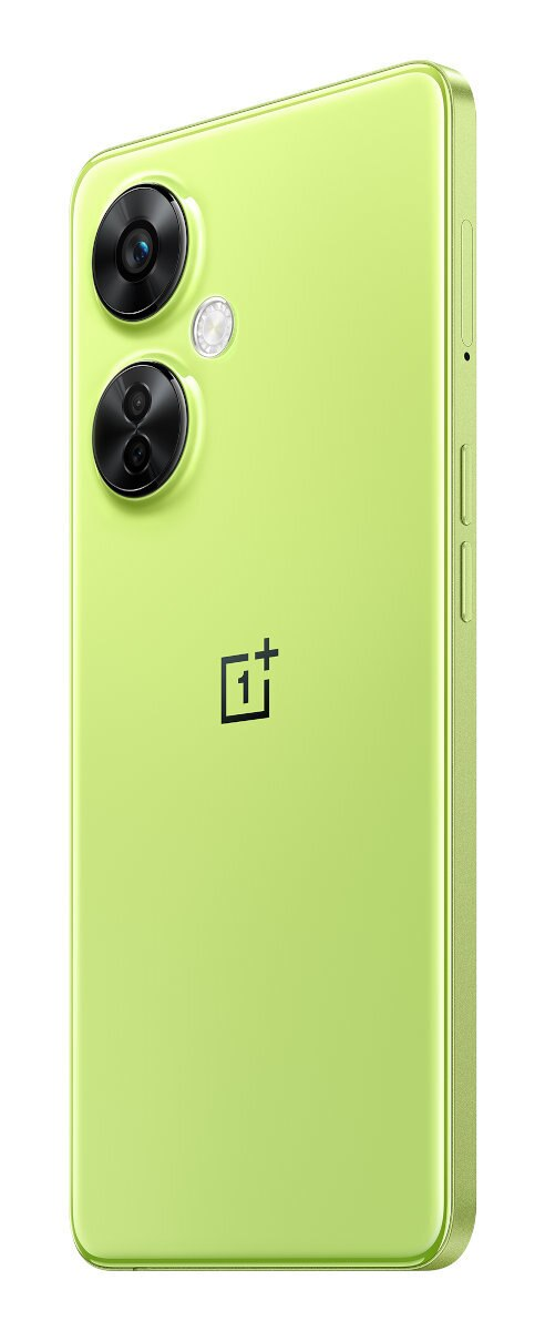 Limonkowy telefon z dwoma aparatami i kwadratowym logo.