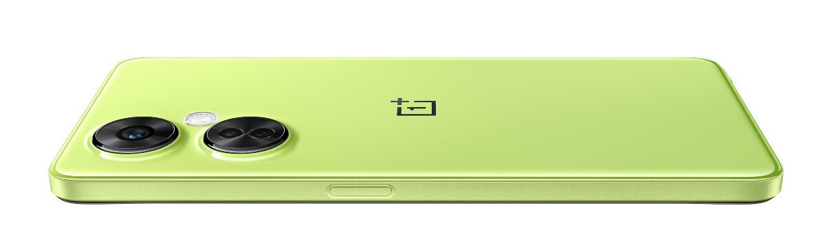 Limonkowy smartfon. Dwie kamery z tyłu. Białe tło.