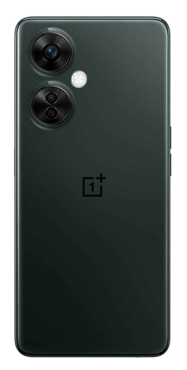 Czarny tył telefonu OnePlus z aparatami i logo OnePlus na białym tle.