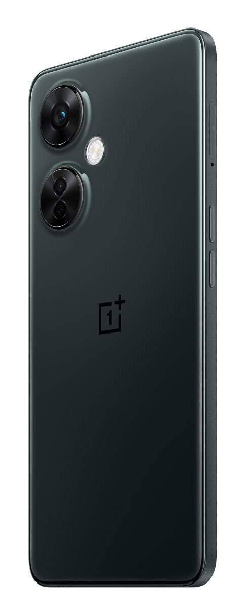 Tył ciemnozielonego telefonu z dwoma aparatami i logo OnePlus, na białym tle, pod kątem.