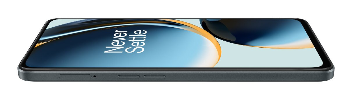 Widok z boku telefonu OnePlus. Wyświetlacz widoczny. Widoczne przyciski głośności i zasilania. Białe tło.