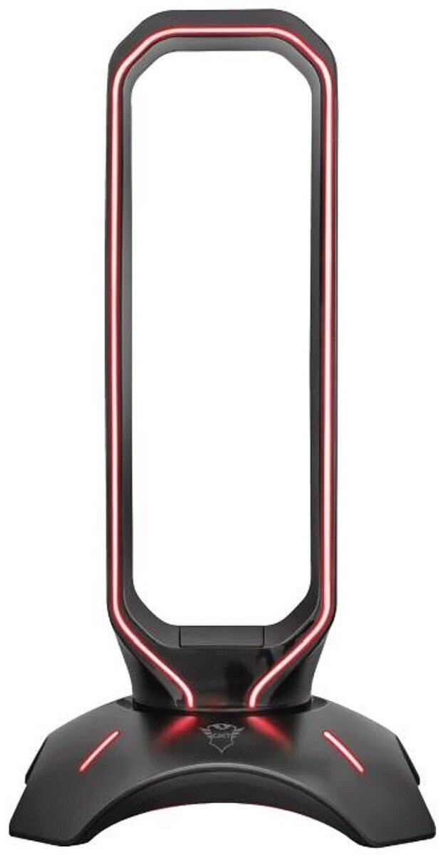 Czarny stojak na słuchawki z czerwonymi światłami.