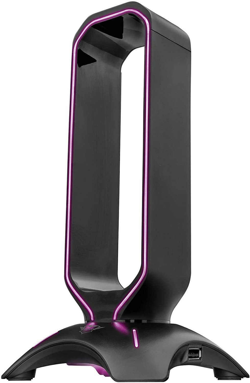 Czarny stojak na słuchawki z różowo-fioletowym oświetleniem LED. Port USB na dole. Białe tło.