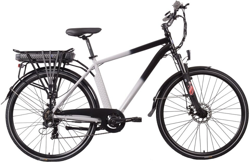 Rower elektryczny, czarno-biały, na białym tle.