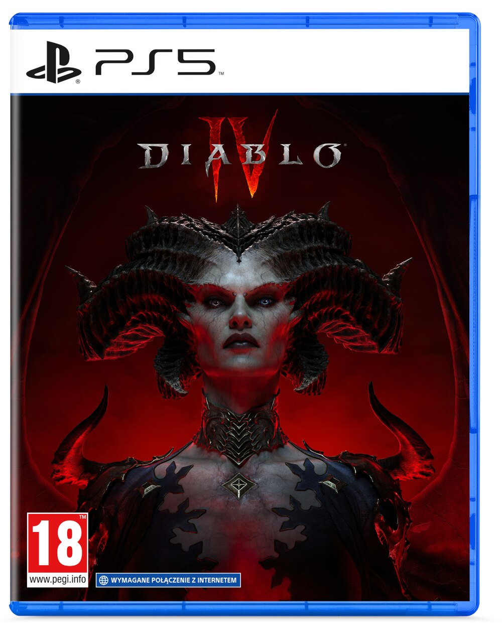 Okładka gry Diablo IV na PS5. Demoniczna kobieta z rogami. Czerwone tło i obudowa PlayStation 5.