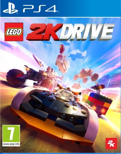Okładka gry Lego 2K Drive z samochodami wyścigowymi i figurkami Lego w wyścigu.