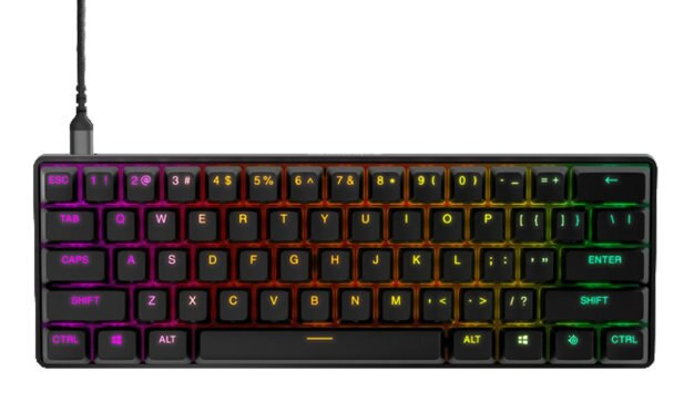 Czarna klawiatura z podświetleniem RGB i połączeniem przewodowym.