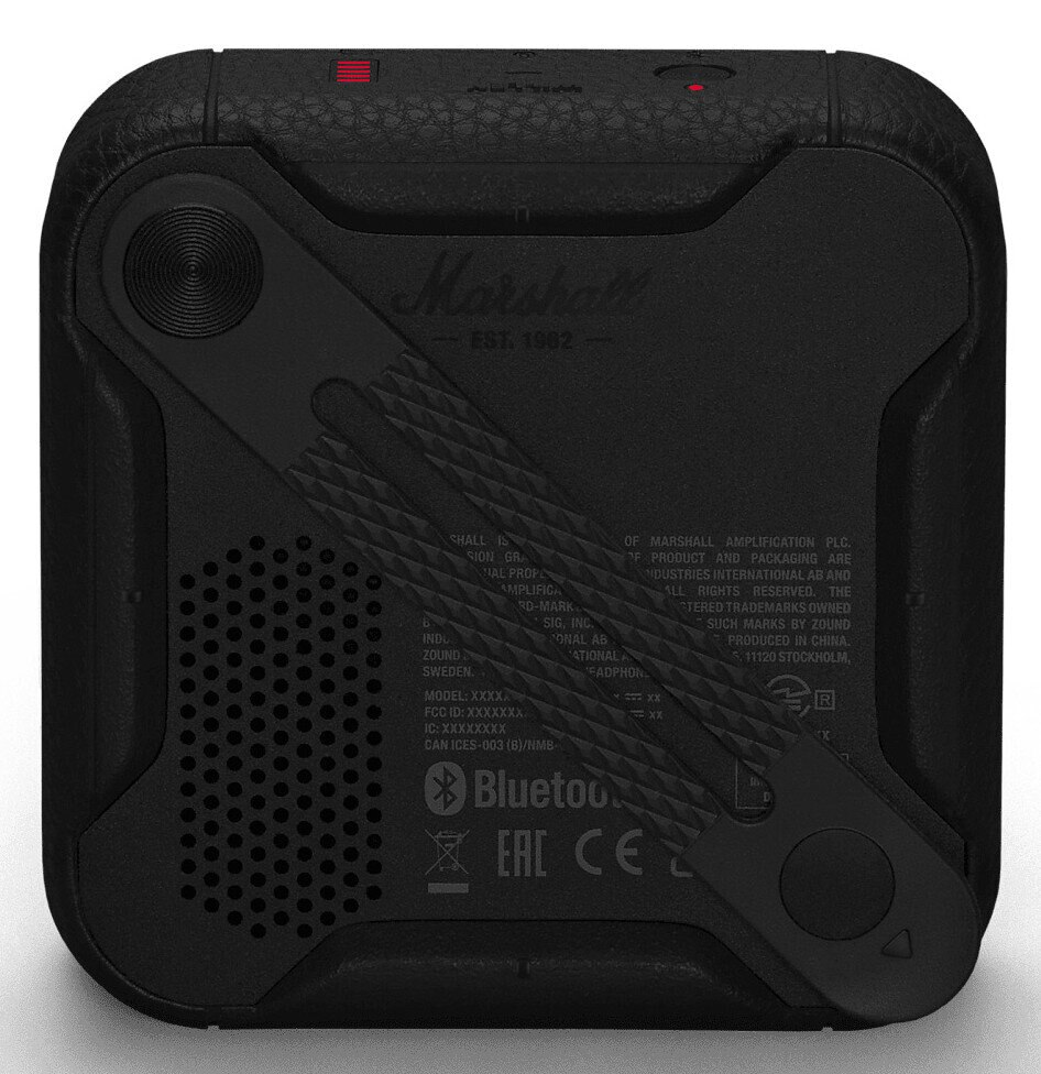 Tył czarnego głośnika Marshall, pokazujący szczegóły takie jak przyciski, porty i markę.