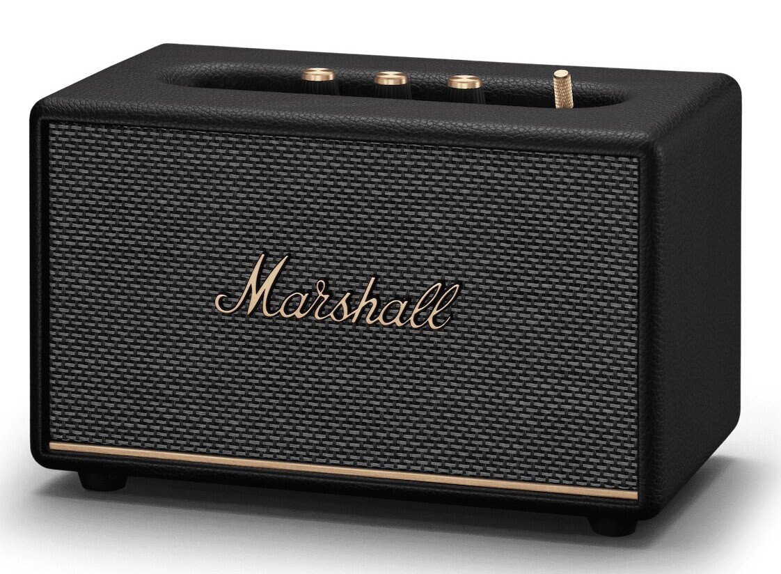 Czarny głośnik Marshall ze złotymi pokrętłami i logo Marshall z przodu, na białym tle.