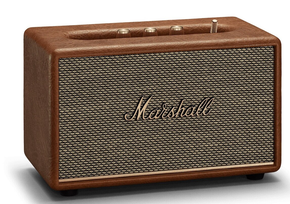 Brązowy głośnik Marshall z tkanym przodem, złotymi pokrętłami i logo Marshall.