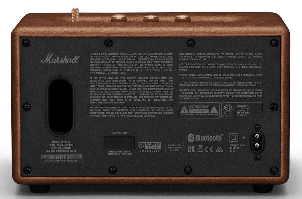 Głośnik Marshall, widok z tyłu. Brązowy i czarny z tekstem i przyciskami. Białe tło.